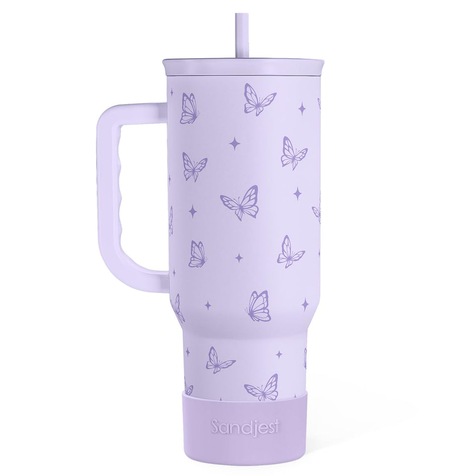 SANDJEST butterfly tumbler with handle, 40oz, ideal for on-the-go hydration.