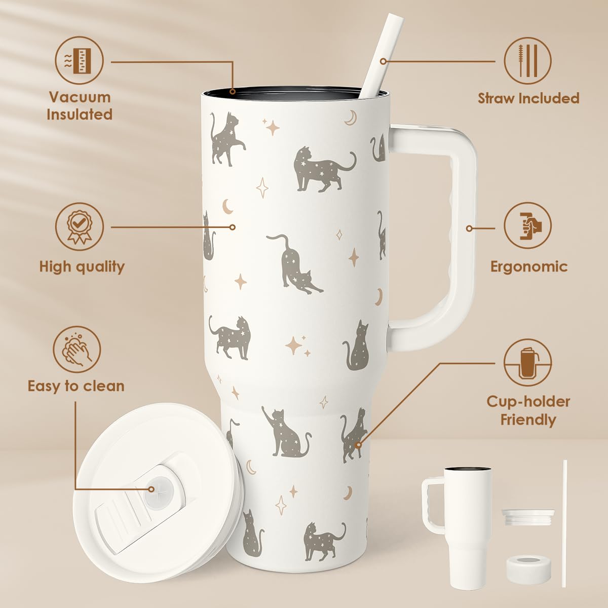 SANDJEST cat mom 40oz tumbler front view showcasing large capacity for travel.