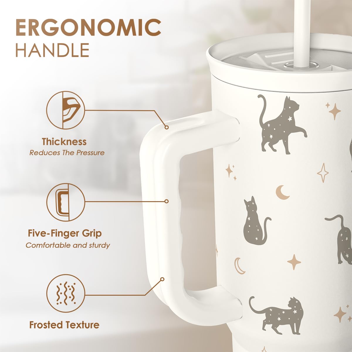 SANDJEST cat mom 40oz tumbler with ergonomic handle for comfortable carrying.