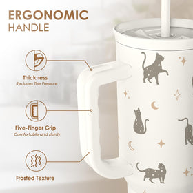 SANDJEST cat mom 40oz tumbler with ergonomic handle for comfortable carrying.