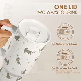 SANDJEST cat mom 40oz tumbler lid closeup with spill-resistant seal.