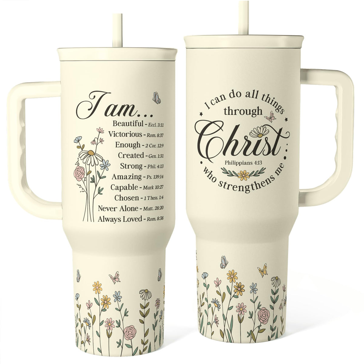 SANDJEST Christian tumbler with handle and 40oz capacity for all-day hydration.