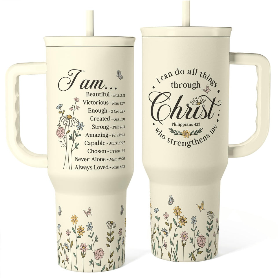 SANDJEST Christian tumbler with handle and 40oz capacity for all-day hydration.