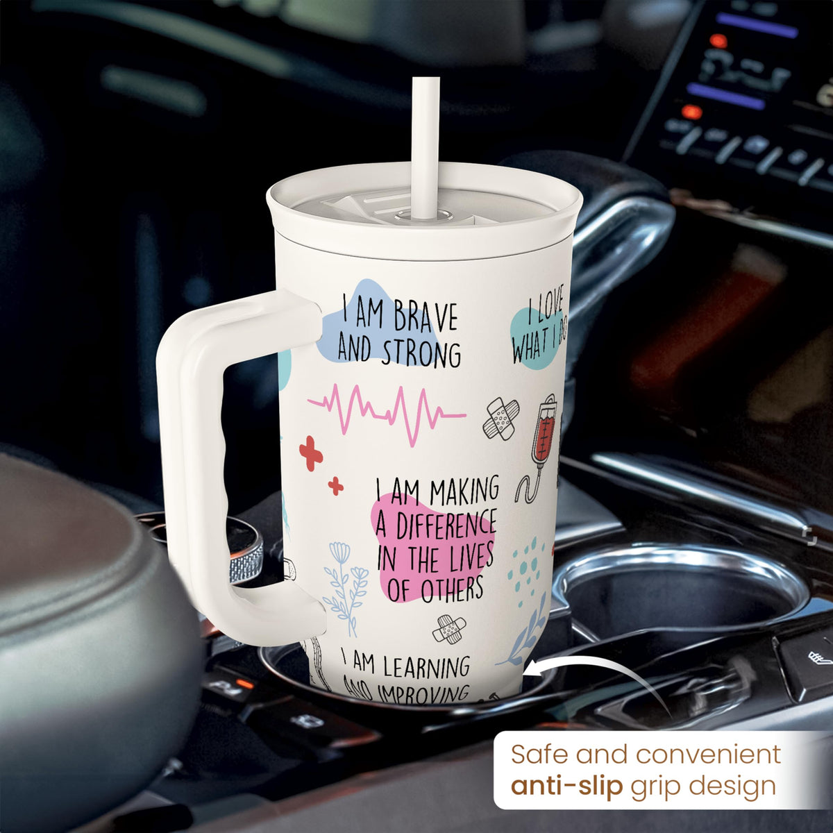 Sandjest coffee travel mug in stainless steel stays cold or hot for hours.
