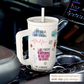 Sandjest coffee travel mug in stainless steel stays cold or hot for hours.