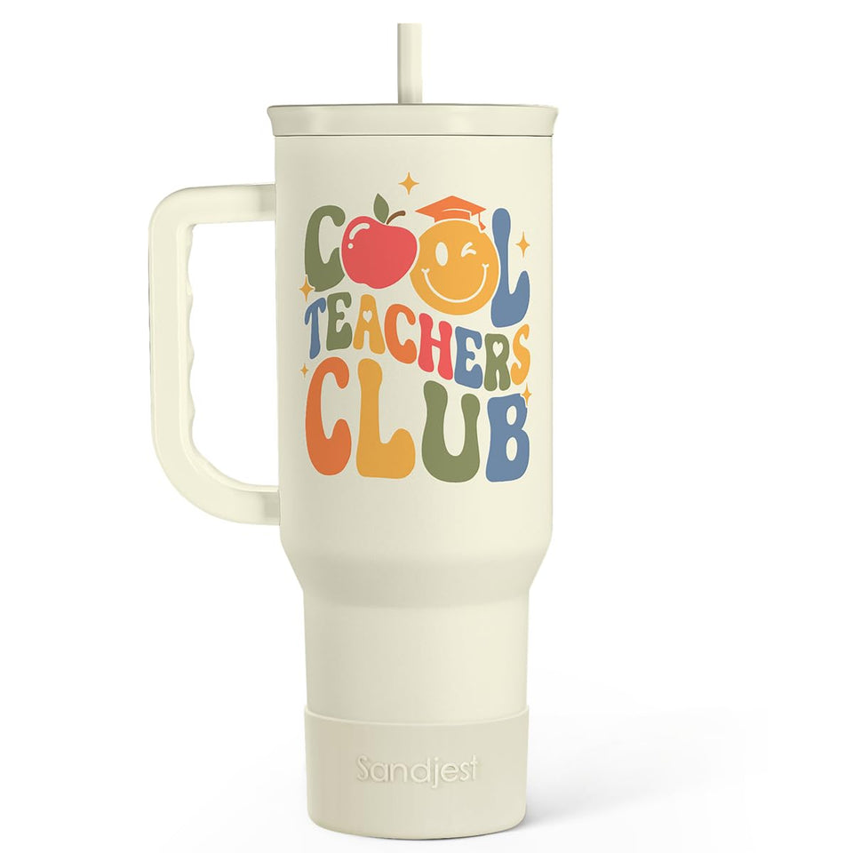 SANDJEST Cool Teacher Club Tumbler 40oz front view with bold branding for classroom gifting.