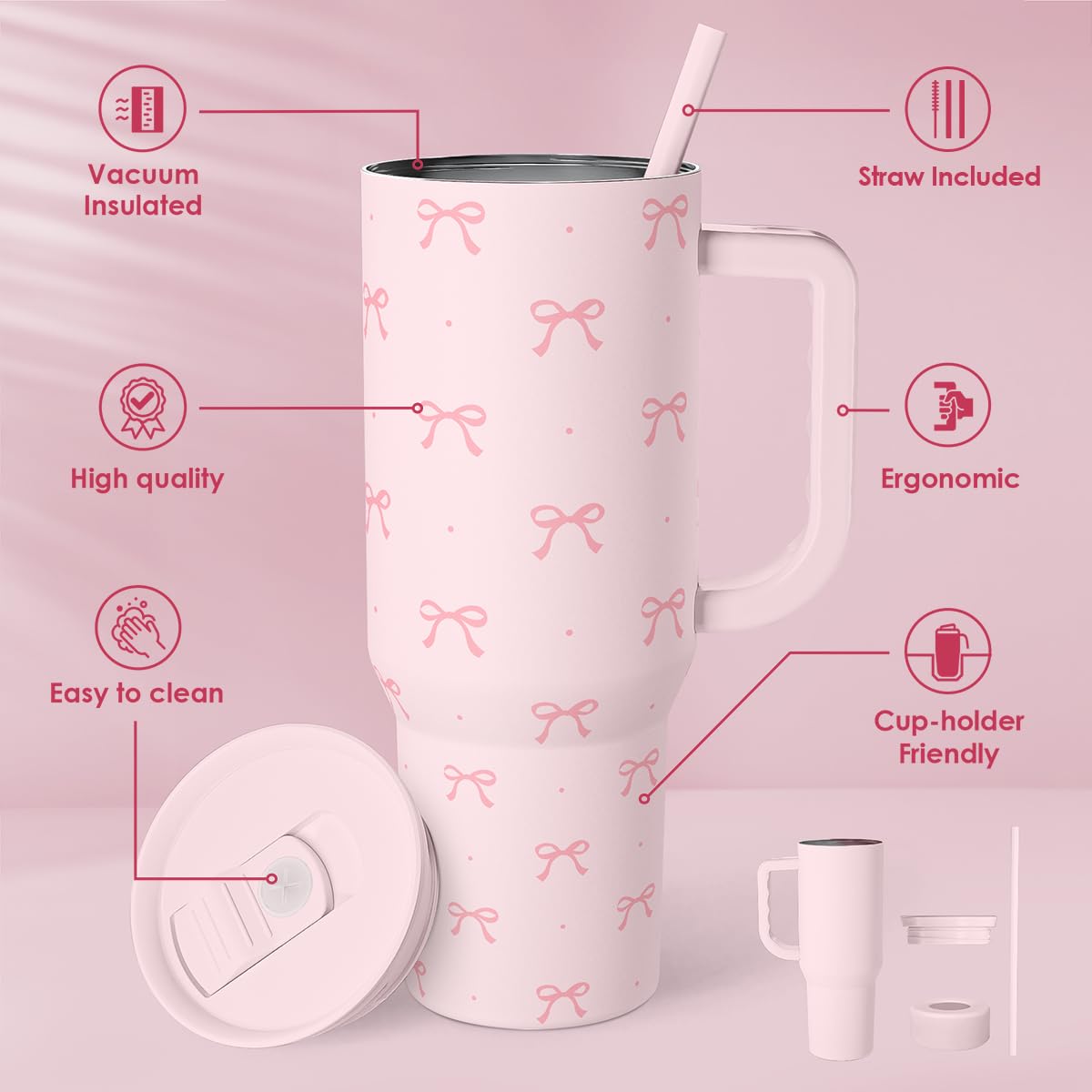 SANDJEST Coquette Bow tumbler close-up shows durable stainless steel body