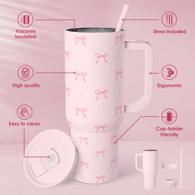 SANDJEST Coquette Bow tumbler close-up shows durable stainless steel body