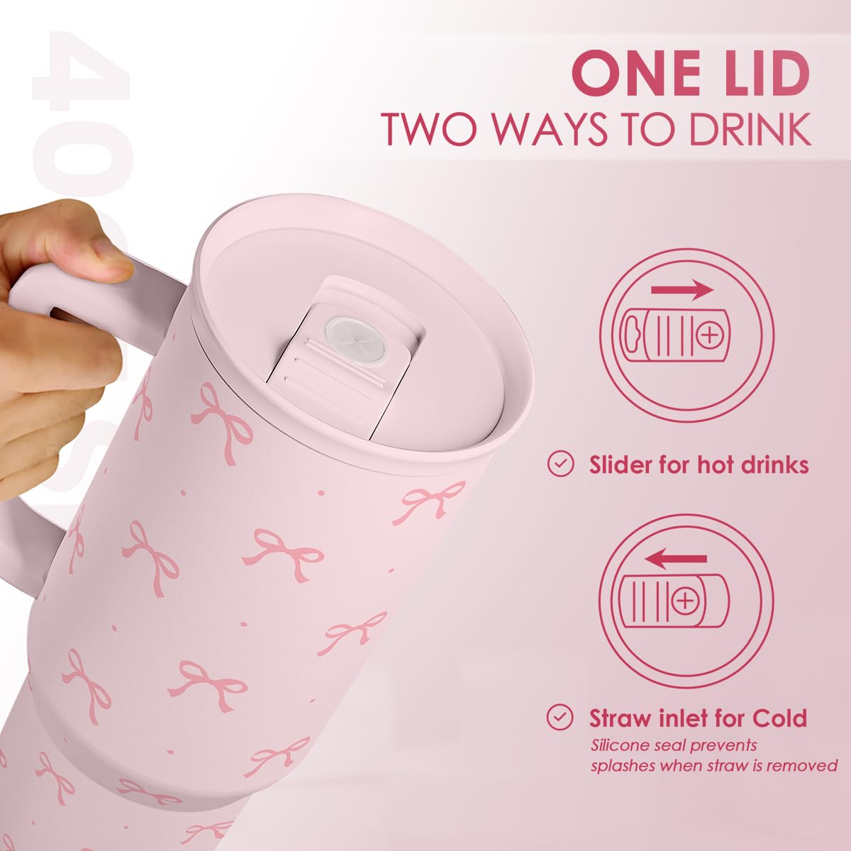 SANDJEST Coquette Bow tumbler on desk for hydration