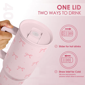 SANDJEST Coquette Bow tumbler on desk for hydration