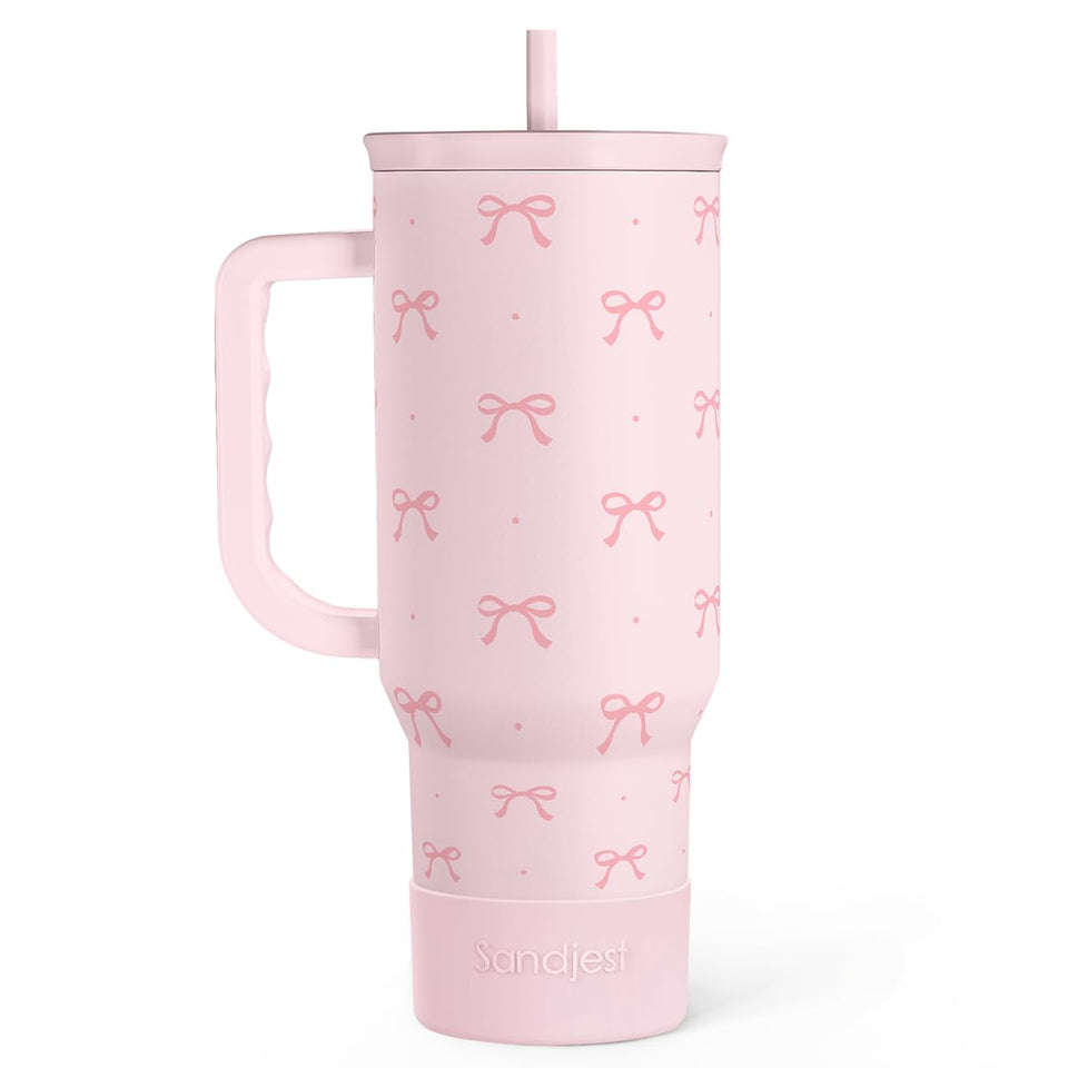 SANDJEST Coquette Bow tumbler front view with handle for easy transport