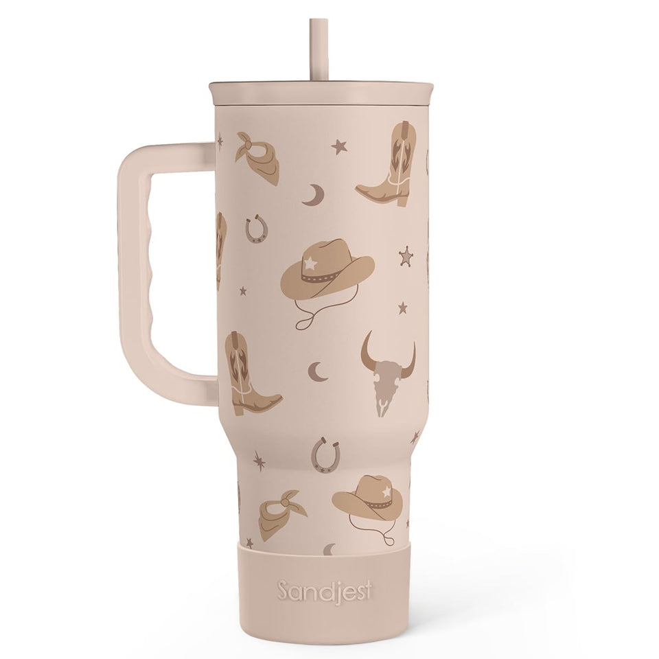 SANDJEST Cowgirl Tumbler 40oz front view with handle and straw for easy hydration.
