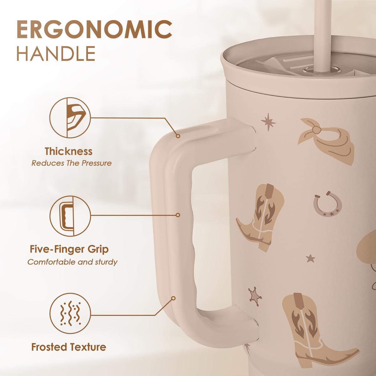 SANDJEST Cowgirl Tumbler 40oz interior stainless steel for temperature retention.