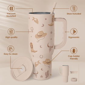 SANDJEST Cowgirl Tumbler 40oz side view highlighting durable stainless steel.