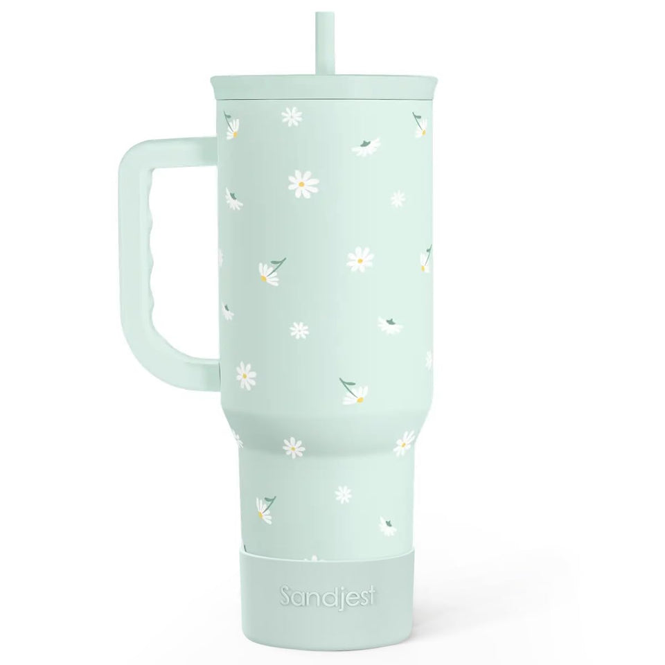 SANDJEST Daisy 40oz tumbler with handle, ideal for on-the-go hydration.