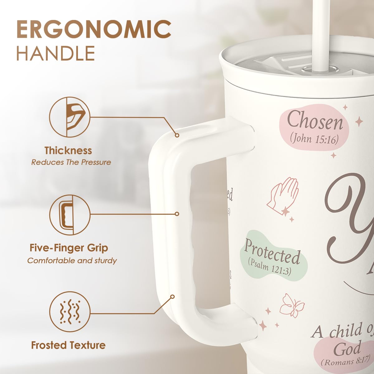 SANDJEST double-wall stainless steel tumbler with handle for comfortable carrying during workouts.