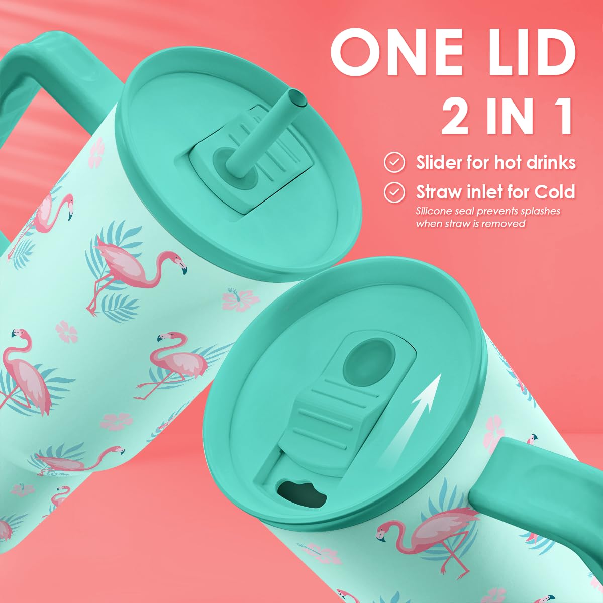 SANDJEST Flamingo 40oz close-up in stainless steel highlighting double-wall insulation.