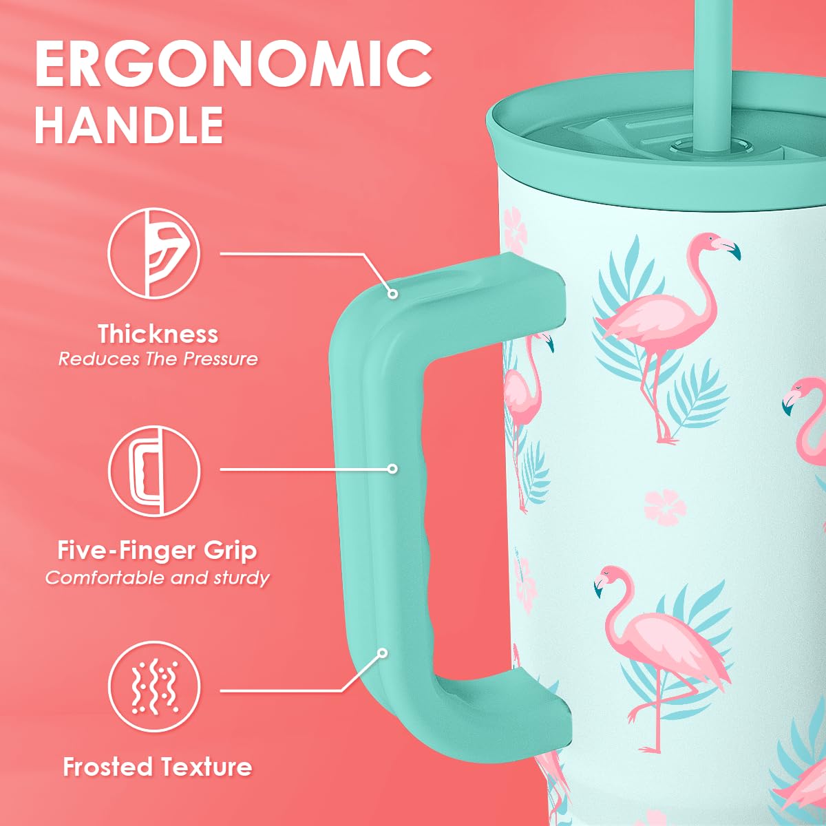 SANDJEST Flamingo 40oz in use at desk for refreshed beverages.