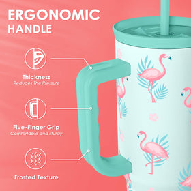 SANDJEST Flamingo 40oz in use at desk for refreshed beverages.