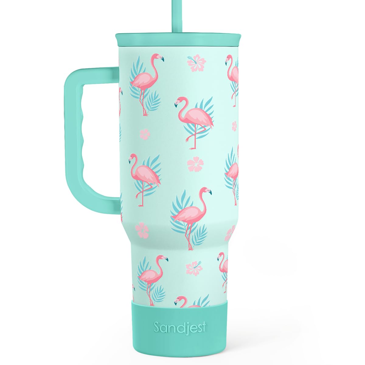 SANDJEST Flamingo 40oz tumbler front view with handle for easy on-the-go hydration.