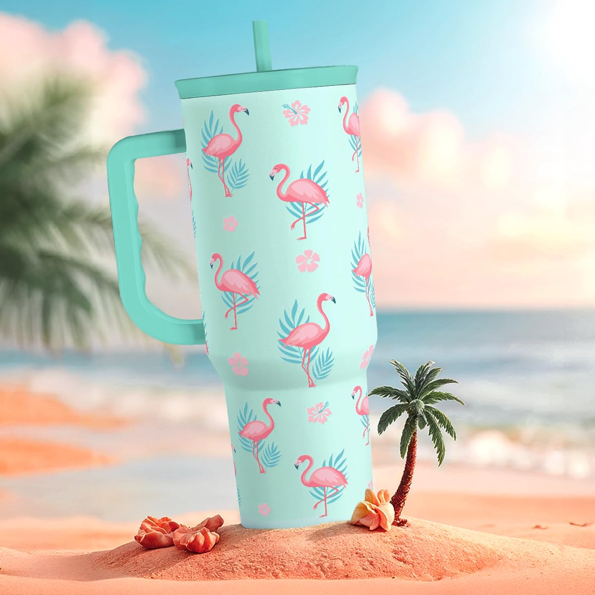 SANDJEST Flamingo 40oz with festive design, ideal as a gift.