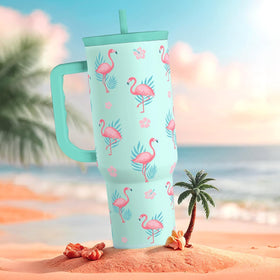 SANDJEST Flamingo 40oz with festive design, ideal as a gift.