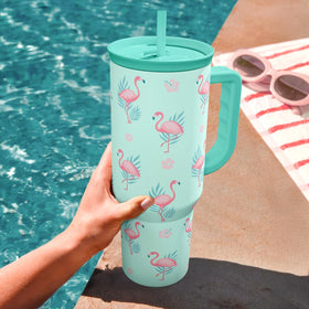 SANDJEST Flamingo 40oz outdoors for travel or gym momentum.