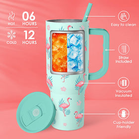 SANDJEST Flamingo 40oz tumbler side view showing ergonomic grip for daily use.