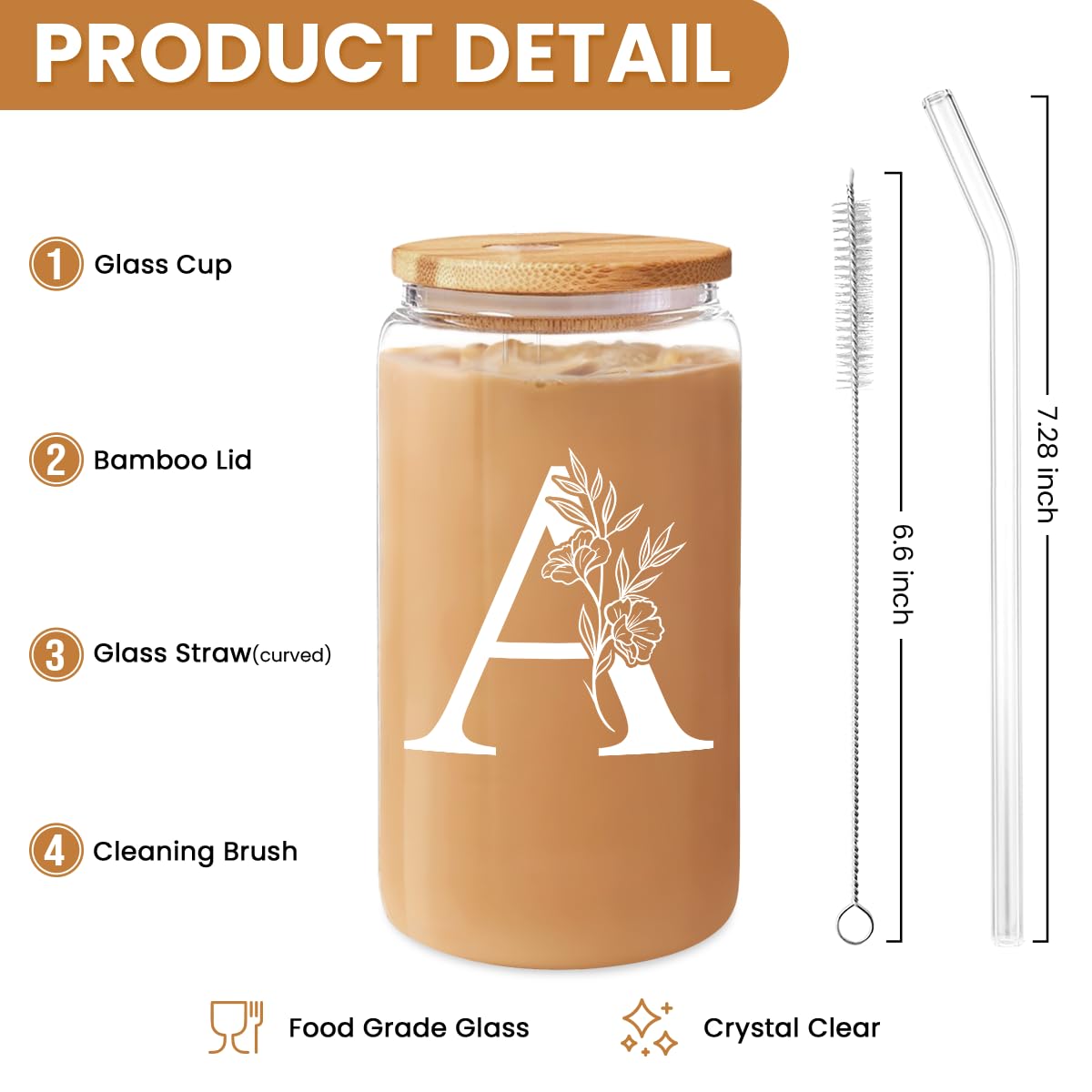 SANDJEST glass cup with lid and straw ideal for coffee, tea, or iced drinks