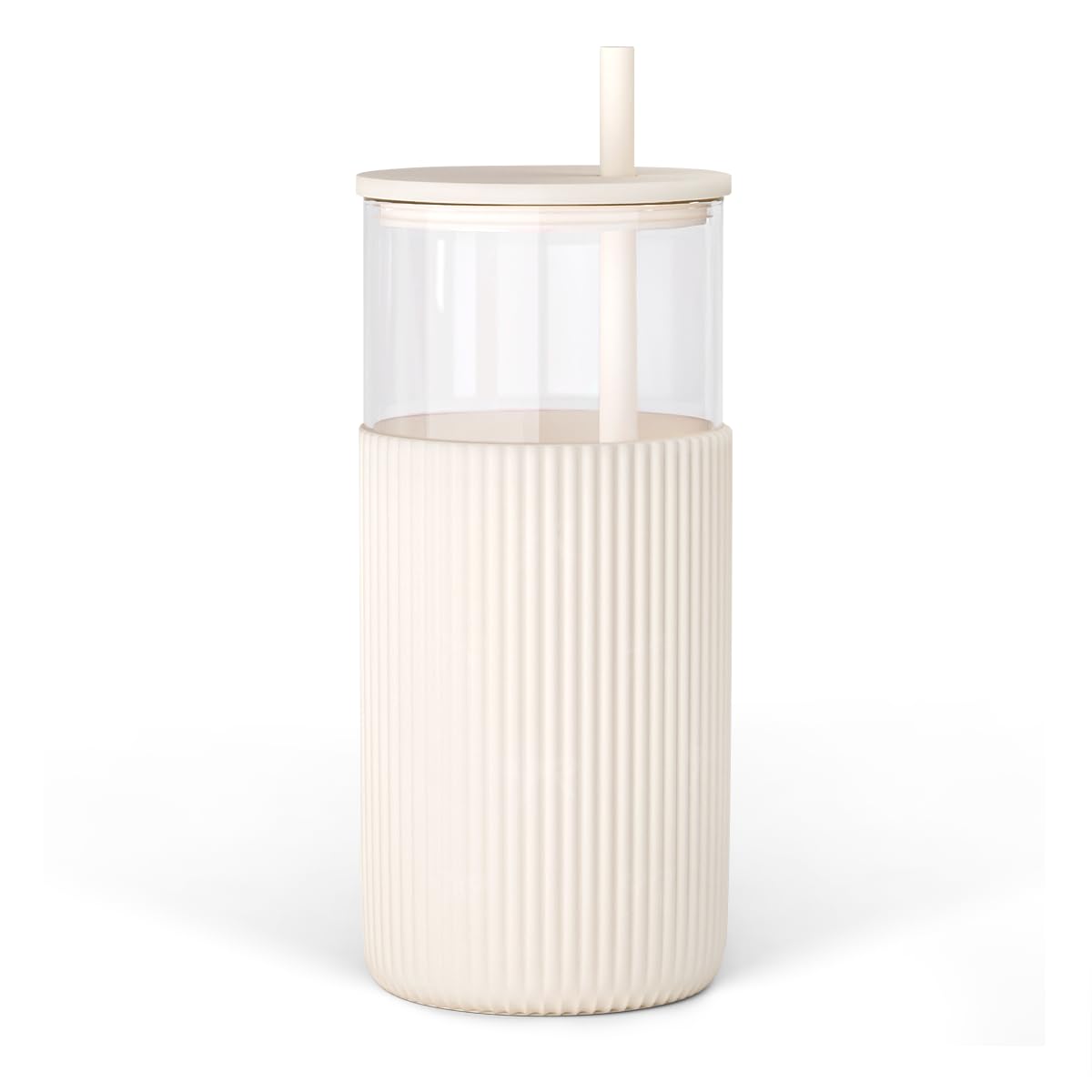 SANDJEST glass tumbler cream with straw and lid for on-the-go hydration.