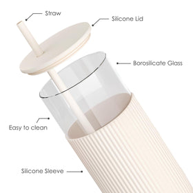 SANDJEST glass tumbler with silicone sleeve for secure, non-slip grip.