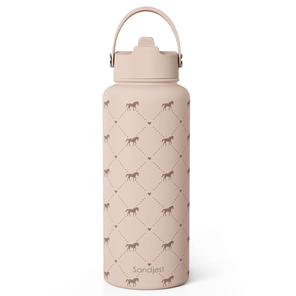 SANDJEST horse lover bottle 32oz with straw keeps drinks refreshing during rides.