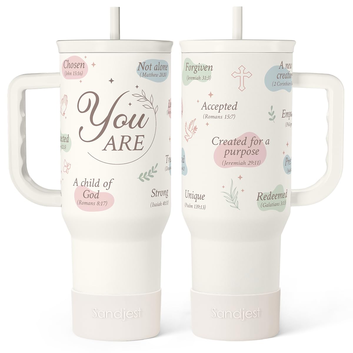 SANDJEST Inspiration tumbler with handle and straw for on-the-go hydration.