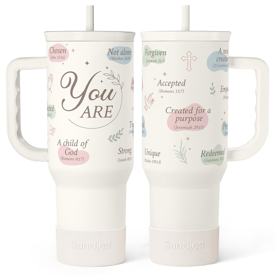 SANDJEST Inspiration tumbler with handle and straw for on-the-go hydration.