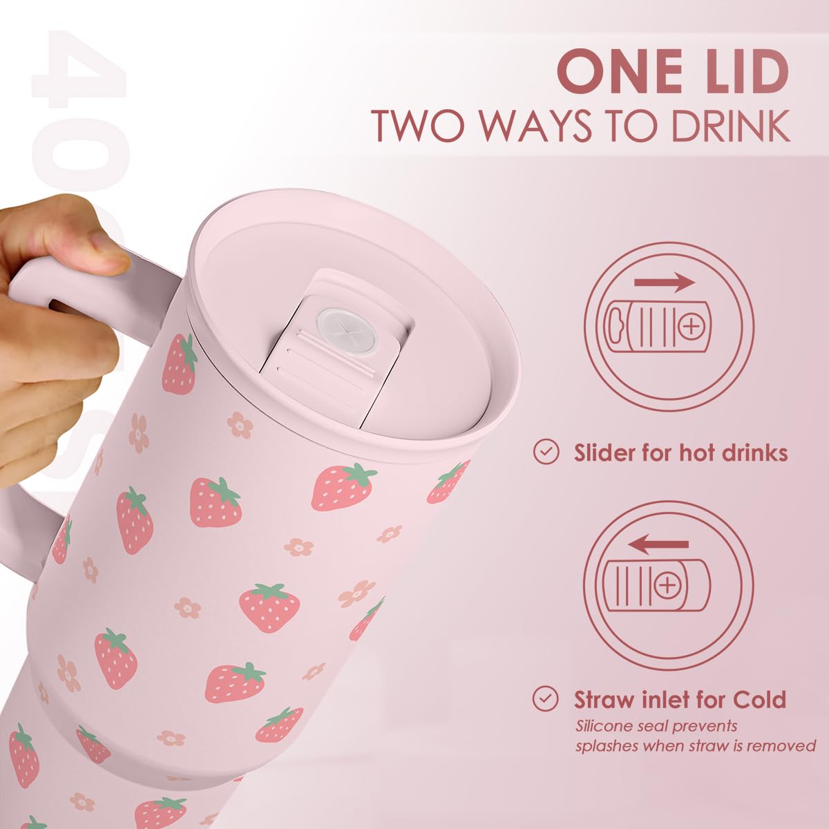 SANDJEST Insulated stainless steel 40oz tumbler keeps beverages cold or hot longer.