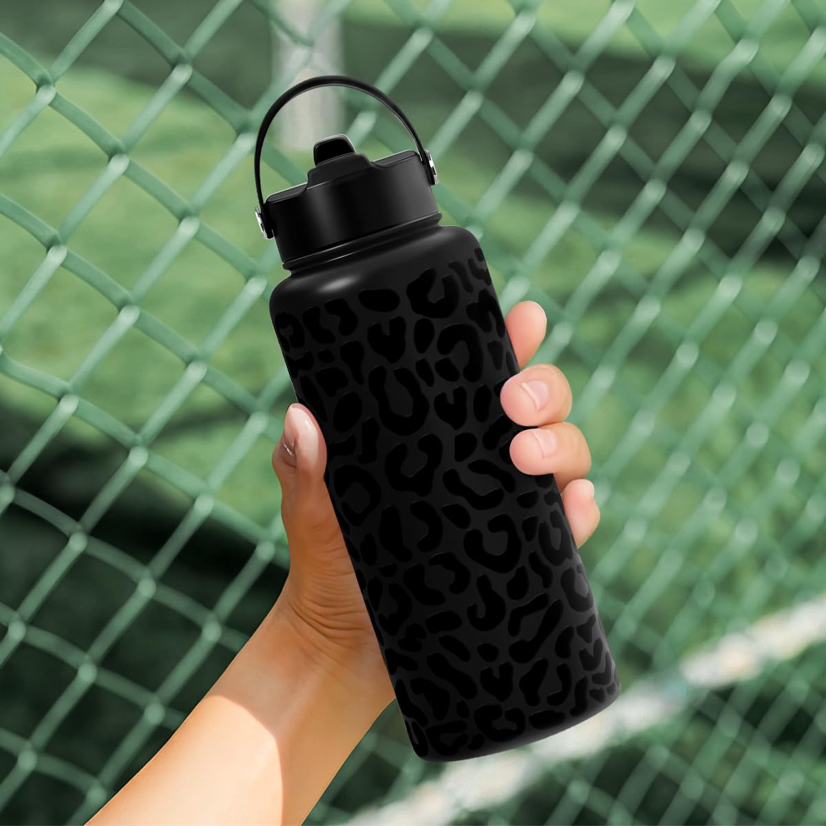 SANDJEST leopard bottle fits cup holders for on-the-go.
