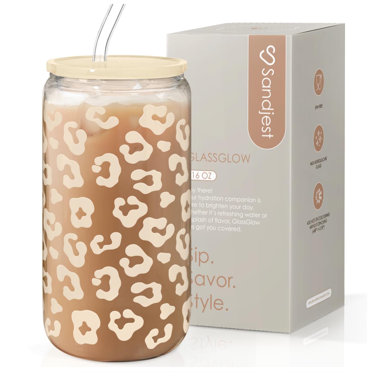 SANDJEST leopard glass cup with beige leopard print, lid and straw for stylish, sustainable sipping
