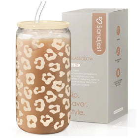SANDJEST leopard glass cup with beige leopard print, lid and straw for stylish, sustainable sipping