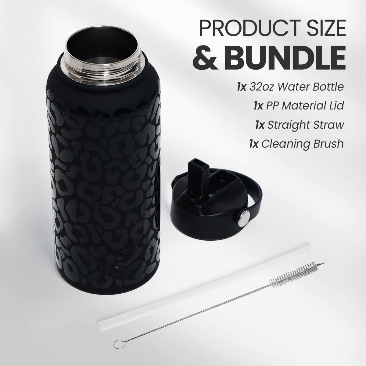 SANDJEST leopard bottle with leakproof lid, travel-ready.