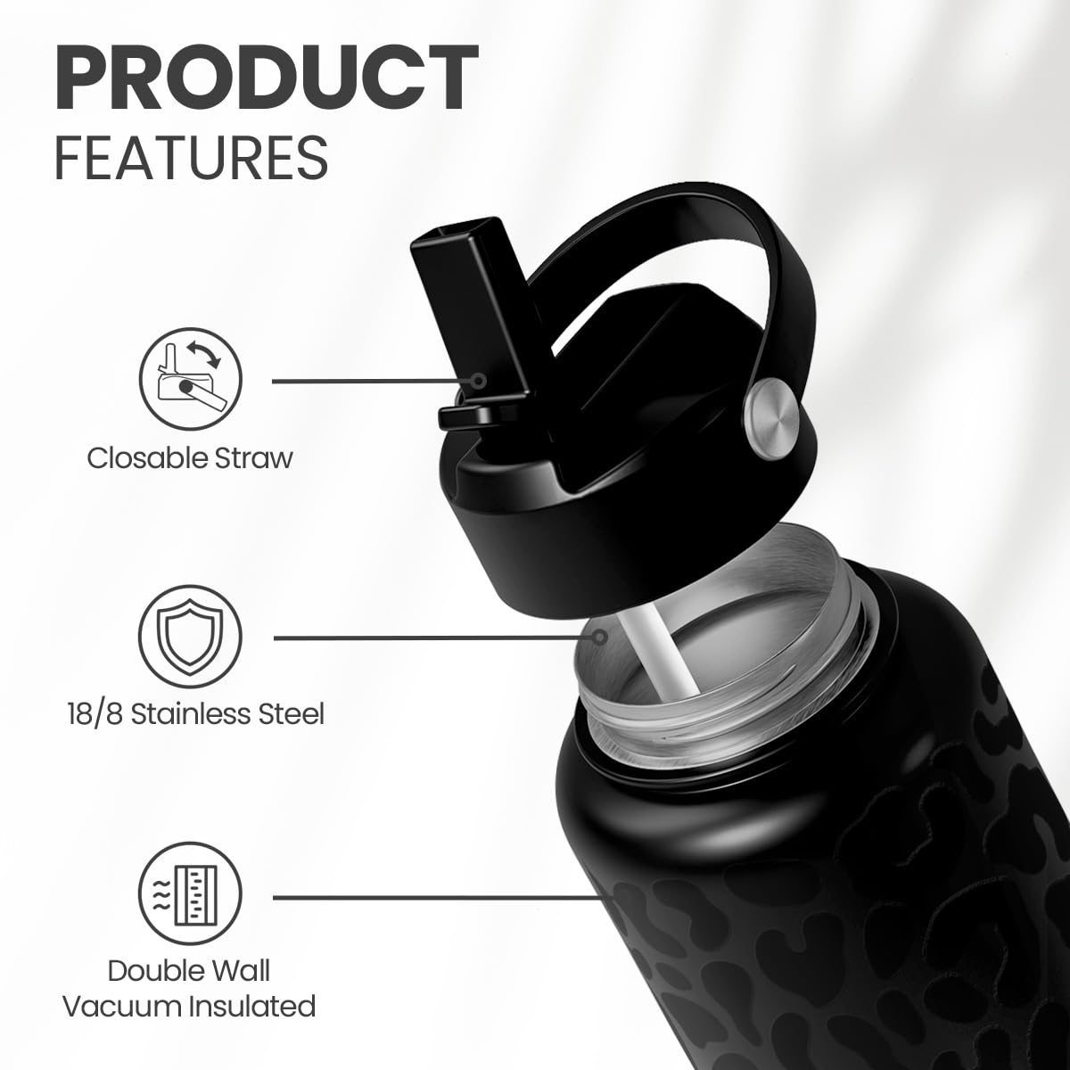 SANDJEST leopard-print design bottle ideal for workouts and outdoors.