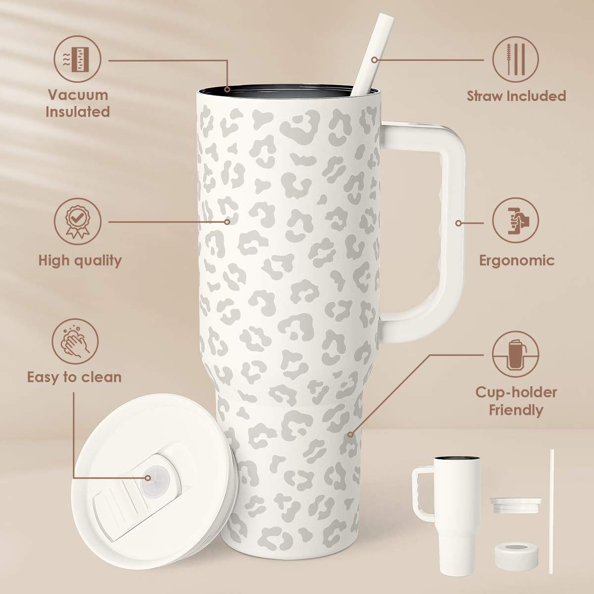 SANDJEST Leopard Tumbler 40oz side view shows generous capacity for long days.