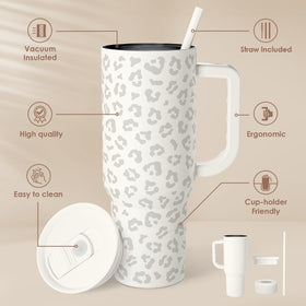SANDJEST Leopard Tumbler 40oz side view shows generous capacity for long days.