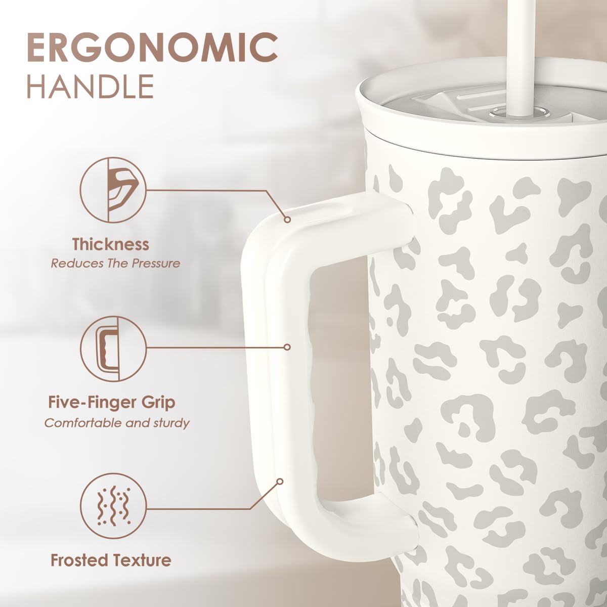 SANDJEST Leopard Tumbler cream pattern closeup highlights durable steel and print.
