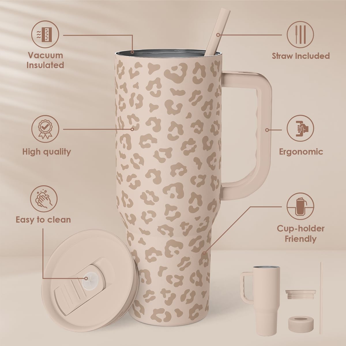 SANDJEST Leopard Tumbler front view highlights stylish tan leopard design