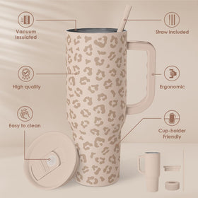 SANDJEST Leopard Tumbler front view highlights stylish tan leopard design