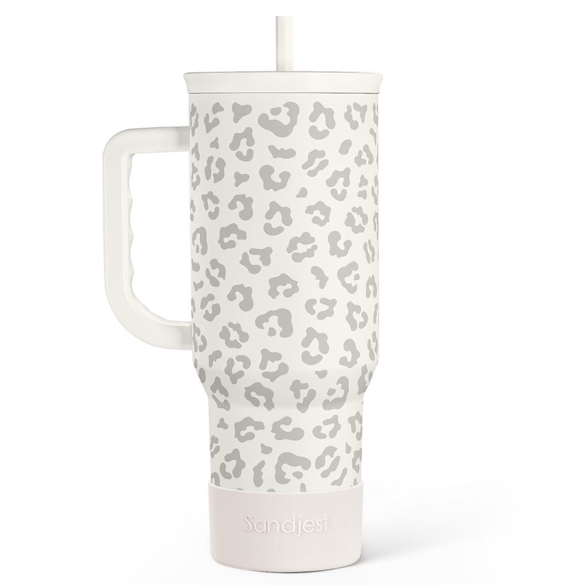 SANDJEST Leopard Tumbler with handle in cream leopard design, easy to carry.
