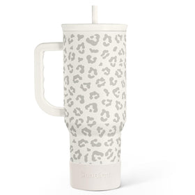 SANDJEST Leopard Tumbler with handle in cream leopard design, easy to carry.