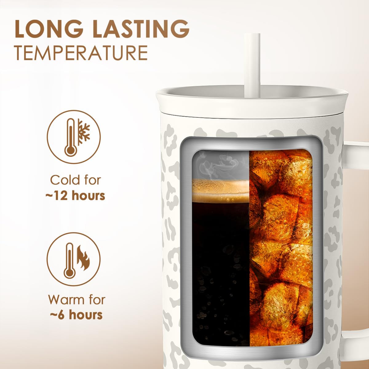 SANDJEST Leopard Tumbler handle top view emphasizes comfortable grip while on the go.