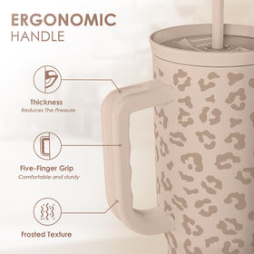 SANDJEST Leopard Tumbler side with handle shows ergonomic carry option