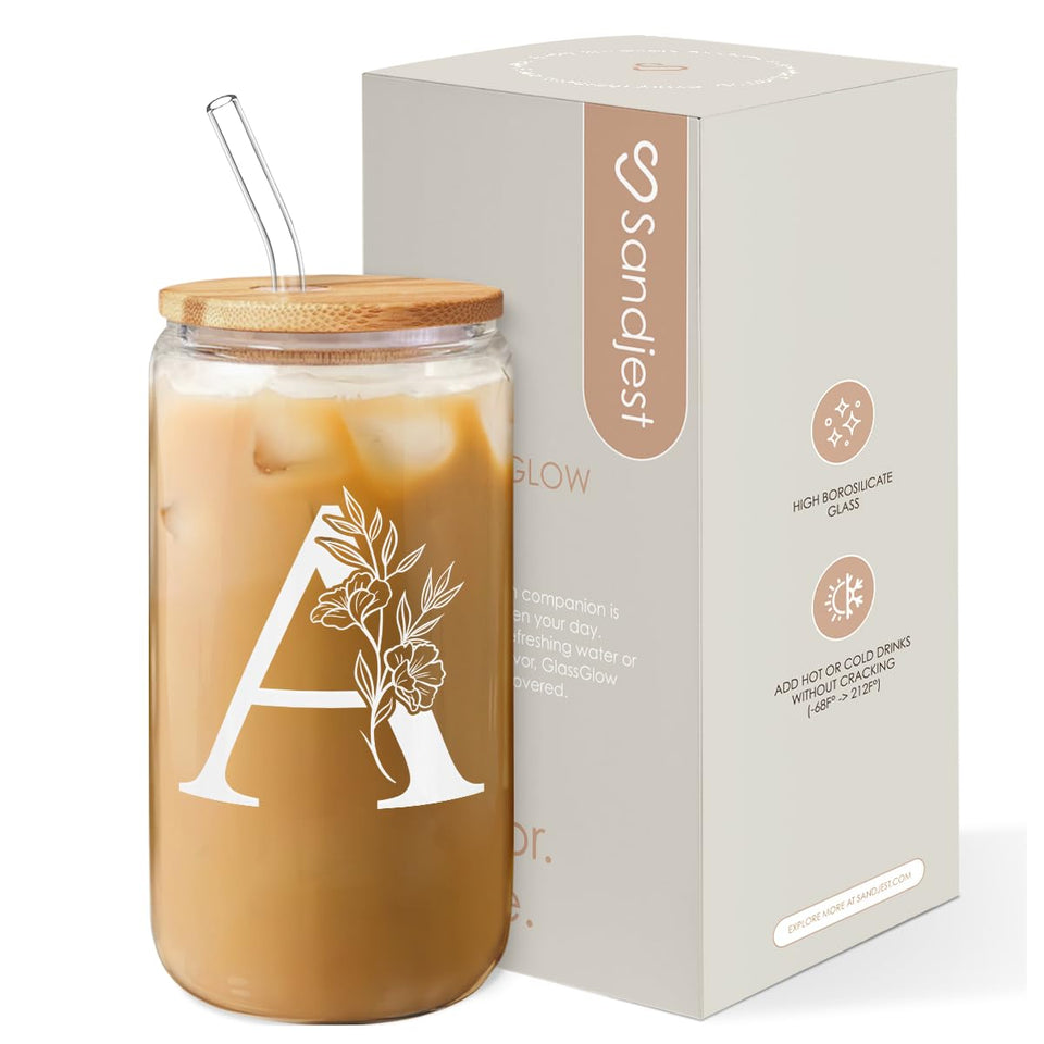 SANDJEST monogram A initial 16oz glass cup for personalized sipping